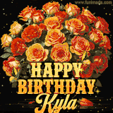 Animated bouquet of orange roses with moving butterfles and golden 'Happy Birthday Kyla' text, surrounded by sparkling accents and a dark backdrop for a luxurious feel.