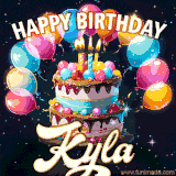 Bright birthday animation for Kyla with a chocolate cake, candles, balloons, and glowing celebratory lights.