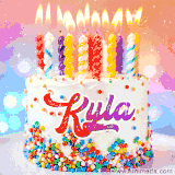 A cheerful white birthday cake with multicolor sprinkles, lit candles, and 'Kyla' written in vibrant letters, in an animated GIF.