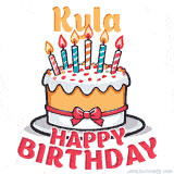 Cartoon birthday cake with a red bow, glowing candles, and 'Kyla Happy Birthday' text in bold animated style.