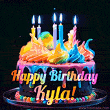 A mesmerizing animated cake with multicolor frosting and candles, and the words 'Happy Birthday Kyla' on the black background.