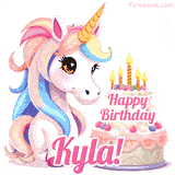 An adorable animated unicorn with soft pastel colors sits beside a birthday cake with glowing candles, and a pink 'Happy Birthday Kyla!' words.