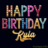 Vibrant luxury birthday greeting card for Kyla, showing glittering gemstone letters and golden calligraphy on a dark background with twinkling shine effects.