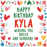 A colorful animated card for Kyla’s birthday featuring playful hearts, cheerful flowers, and a handwritten message wishing smiles and sunshine.