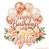 Stylish pink and gold Happy Birthday Kyla animation with floral decor