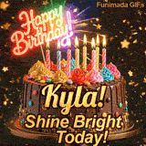 Close-up of multicolored frosting swirls and colorful candy beads around the gold base of Kyla's birthday cake.
