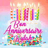 A white birthday cake covered in colorful sprinkles, topped with bright candles, and French text 'Bon Anniversaire Kylah' on a pastel gradient background in an animated GIF.