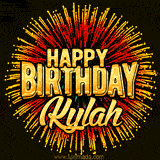 Golden 'Happy Birthday Kylah' text accompanied by animated rainbow fireworks for a festive animated greeting.