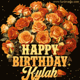Animated bouquet of orange roses with moving butterfles and golden 'Happy Birthday Kylah' text, surrounded by sparkling accents and a dark backdrop for a luxurious feel.