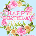 A charming animated GIF featuring 'Happy Birthday Kylah' in pink and green text, surrounded by delicate roses, leaves, and fluttering butterflies on a soft light blue pastel background.