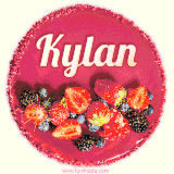 Beautifully decorated red velvet berry birthday cake with vibrant fruits and a glowing 'Kylan' name, adding a touch of sweetness and sparkle.