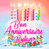 A white birthday cake covered in colorful sprinkles, topped with bright candles, and French text 'Bon Anniversaire Kylan' on a pastel gradient background in an animated GIF.