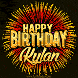 Golden 'Happy Birthday Kylan' text accompanied by animated rainbow fireworks for a festive animated greeting.