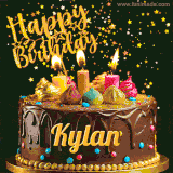 A delightful chocolate birthday cake with bright candles and 'Happy Birthday Kylan' written in gold amidst a shower of animated stars.