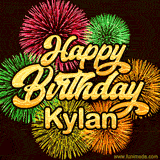 Golden text reading 'Happy Birthday Kylan' surrounded by vibrant fireworks in red, green, and yellow, set against a dark background in this celebratory birthday GIF.