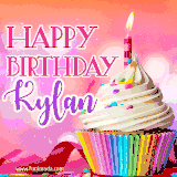 A vibrant birthday GIF featuring a rainbow-colored cupcake topped with white frosting, sprinkles, and a lit candle. The text reads 'Happy Birthday Kylan' in bold pink and violet letters with white outline.