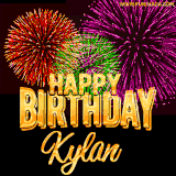 A golden 'Happy Birthday Kylan' message with vibrant fireworks in the background, creating a festive and celebratory vibe in this animated name GIF.