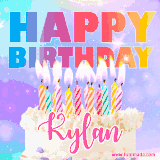 A vibrant animated name GIF with the words 'Happy Birthday Kylan' with colorful candles on a creamy cake. The background sparkles with pastel shades, adding a festive touch.