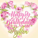 A stunning heart made of pink roses surrounds the elegant script text 'Happy Birthday Kylan' on a soft beige background. Animated sparkles add a magical and festive feel.
