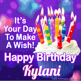 A colorful birthday GIF for Kylani featuring a cupcake with vibrant lit candles and the text 'It's Your Day to Make a Wish! Happy Birthday Kylani' in bold letters on a festive purple background.