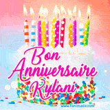 A white birthday cake covered in colorful sprinkles, topped with bright candles, and French text 'Bon Anniversaire Kylani' on a pastel gradient background in an animated GIF.