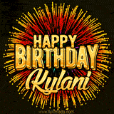 Golden 'Happy Birthday Kylani' text accompanied by animated rainbow fireworks for a festive animated greeting.