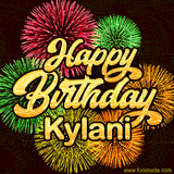 Golden text reading 'Happy Birthday Kylani' surrounded by vibrant fireworks in red, green, and yellow, set against a dark background in this celebratory birthday GIF.
