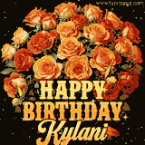 Animated bouquet of orange roses with moving butterfles and golden 'Happy Birthday Kylani' text, surrounded by sparkling accents and a dark backdrop for a luxurious feel.