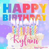 A vibrant animated name GIF with the words 'Happy Birthday Kylani' with colorful candles on a creamy cake. The background sparkles with pastel shades, adding a festive touch.