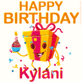 A vibrant and funny gift box character with a happy face dancing with a cupcake and the text 'Happy Birthday Kylani,' surrounded by animated confetti and party vibes.