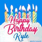 A cheerful animated GIF featuring colorful lit birthday candles on a white cake, with the text 'Happy Birthday Kyle' in bold red and blue script on a bright blue background.