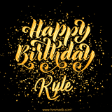 Animated GIF with colorful, festive 'Happy Birthday Kyle' text decorated with patterns, a party hat, and falling confetti. A vibrant and cheerful design for birthday celebrations.