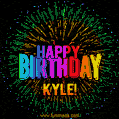 A colorful animated GIF featuring the text 'Happy Birthday Kyle!' in rainbow colors with a dynamic iridescent firework display in the background.