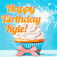 A cheerful animated GIF of a cupcake with creamy frosting, a red checkered ribbon, and a bright sparkler on top. The text 'Happy Birthday Kyle!' is displayed in vibrant orange and red.