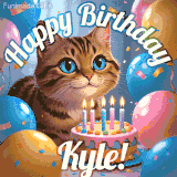 A playful tabby cat sits behind a colorful birthday cake surrounded by balloons and confetti, with 'Happy Birthday Kyle!' written above in festive letters.