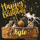 Animated GIF featuring the text 'Happy Birthday Kyle' written in glittering gold above the luxurious chocolate birthday cake adorned with truffles, gold stars, and sparklers.