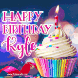 A festive animated GIF featuring a colorful cupcake with a single lit candle, sprinkles, and 'Happy Birthday Kyle' text against a sparkling, celebratory background.