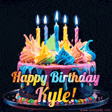 A vibrant animated GIF featuring a colorful rotating birthday cake with bright frosting swirls, glowing candles, and the text 'Happy Birthday Kyle!' in rainbow colors.