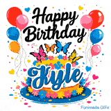 A colorful cake topped with pink, orange, blue, and yellow butterflies, designed as a birthday GIF for Kyle.