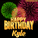 A captivating GIF with bursts of green, pink, and orange fireworks lighting up the night sky, accompanied by 'Happy Birthday Kyle' in glowing golden text.