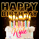 A vibrant animated GIF featuring a delicious birthday cake topped with glowing candles and the name 'Kyle' in elegant script, and the words 'Happy Birthday' on the black background.