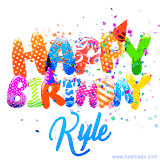 Animated GIF with colorful, festive 'Happy Birthday Kyle' text decorated with patterns, a party hat, and falling confetti. A vibrant and cheerful design for birthday celebrations.