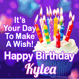 A colorful birthday GIF for Kylea featuring a cupcake with vibrant lit candles and the text 'It's Your Day to Make a Wish! Happy Birthday Kylea' in bold letters on a festive purple background.
