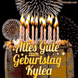 A chocolate birthday cake with glowing candles, the German text 'Alles Gute zum Geburtstag Kylea,' and vibrant fireworks lighting up the background in an animated GIF.