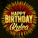 Golden 'Happy Birthday Kylea' text accompanied by animated rainbow fireworks for a festive animated greeting.