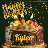 A delightful chocolate birthday cake with bright candles and 'Happy Birthday Kylea' written in gold amidst a shower of animated stars.