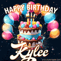 Hand-drawn happy birthday cake adorned with an arch of colorful balloons - name GIF for Kylee