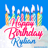 A cheerful animated GIF featuring colorful lit birthday candles on a white cake, with the text 'Happy Birthday Kylian' in bold red and blue script on a bright blue background.