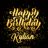 Animated GIF with colorful, festive 'Happy Birthday Kylian' text decorated with patterns, a party hat, and falling confetti. A vibrant and cheerful design for birthday celebrations.