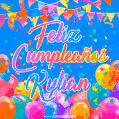A vibrant animated GIF with 'Feliz Cumpleaños Kylian' written in colorful script, surrounded by balloons, confetti, and bunting on a bright blue background.